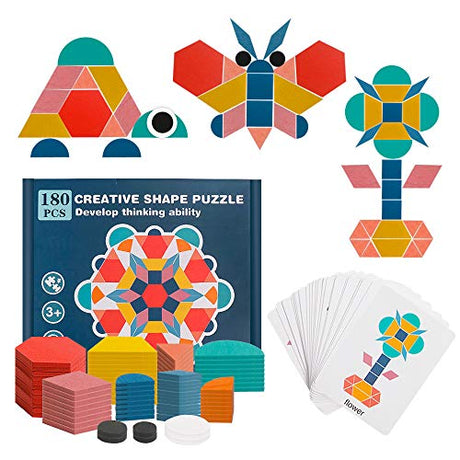 USATDD 180 Pcs Wooden Tangrams Pattern Blocks Set Geometric Manipulative Shape Puzzle Kindergarten Classic Educational Montessori Toys for Kids USATDD