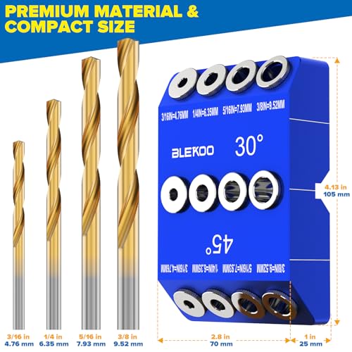 BLEKOO Blue Angled Drill Guide Jig with 4 Bits for Wood Posts & Cable Railing Lag Screw Kit, Durable All Metal Drill Jig for Drilling 30°, 45°, 90° blekoo