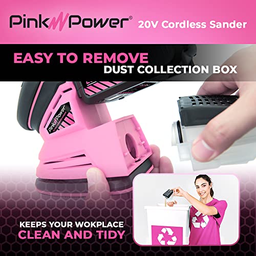 Pink Power Detail Sander for Woodworking 20V Cordless Electric Hand Sander for Wood Furniture - Mini Palm Sander Tool with Sandpaper, Li-Ion Battery Pink Power