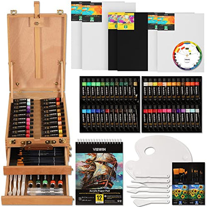 VISWIN 74 Pcs Premium Acrylic Painting Set, Painting Kit with Tabletop Sketch Box, 48 Colors Acrylic Paints, Canvas Panels, Nylon Paint Brushes, and