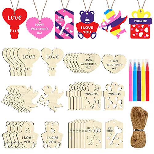 FOIMAS Valentine's Day Wooden Slices,36pcs Heart Cupid Unfinished Wood Cutout Slice Hanging Ornament with Jute Twine and Colored Pen for DIY Craft