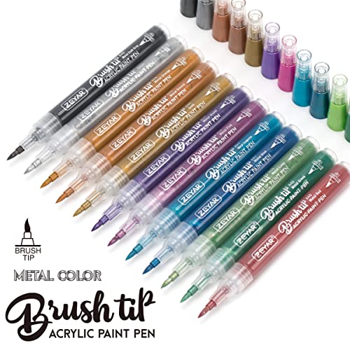 ZEYAR Acrylic Paint Pens, Brush Tip, Water based, Metallic Colors, Writes on Paper, Rock, Rubber, Ceramics, Wood, Glass and more (12 Metallic Colors) - WoodArtSupply