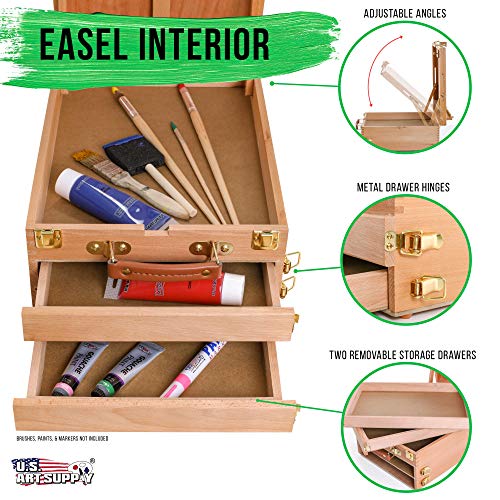 U.S. Art Supply Grand Cayman Extra Large 2 Drawer Adjustable Wood Table Sketchbox Easel, Paint Palette, Premium Beechwood - Portable Wooden Artist U.S. Art Supply