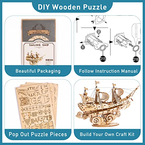 RoWood 3D Wooden Puzzle for Adults, Vintage Wooden Watercraft Model Kit to Build, Best Gift Ideas - Sailling Ship