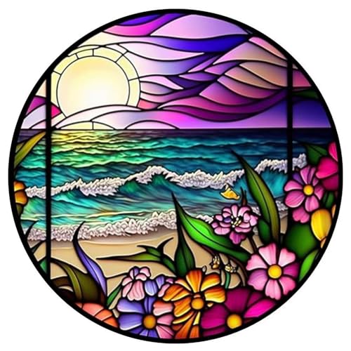 PFFNGPEN Diamond Painting Stained Glass Kits for Adults, 5D Beach Flower Sunset Diamond Art Kits for Beginners, DIY Full Drill Gem Art for Home Wall