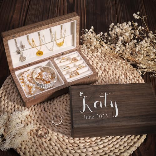 Zhamate Personalized Jewelry Box for Women, Custom Wooden Jewelry Box with Date & Name Rustic Wood Jewelry Organizer Mother's Day Gift for Mother, Zhamate