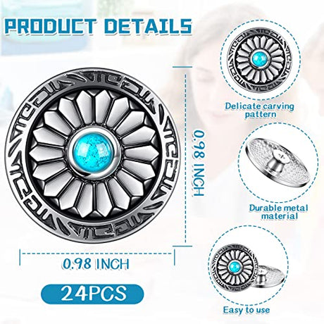 Janinka 24 Pcs Faux Turquoise Round Conchos Sunflower Decorative Buckle Metal Sunflower Buttons Screw Back Buttons for DIY Craft Leather Belt, Silver Janinka