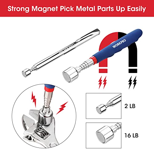 WORKPRO 4PC Telescoping Magnetic Pick Up Tool Kit, Includes Telescoping Inspection Mirror, 2PC Magnetic Pick Up Tool And Four Claw Grabber Tool, Pick WORKPRO