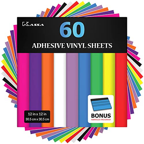 Kassa 60-Piece Permanent Vinyl Sheets | 10 Bold Colors in 12" x 12" with a Squeegee Included | Compatible with Cricut, Silhouette & Other Cutting Kassa