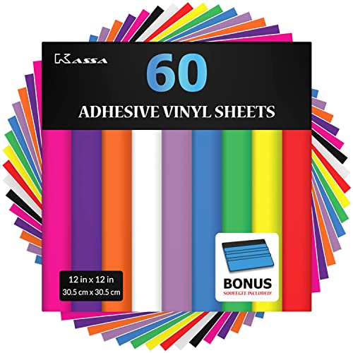 Kassa 60-Piece Permanent Vinyl Sheets | 10 Bold Colors in 12" x 12" with a Squeegee Included | Compatible with Cricut, Silhouette & Other Cutting - WoodArtSupply