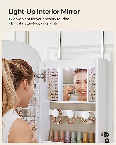 SONGMICS Jewelry Organizer, LED Jewelry Cabinet Wall/Door Mounted, Lockable Rounded Wide Mirror with Storage, Interior Mirror, White Surface with SONGMICS