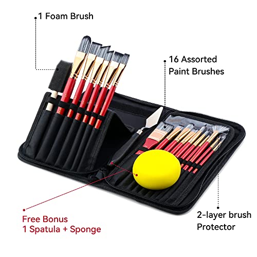 Transon Art Paint Brush Kit 16 Paint Brushes with Foam Brush Sponge Spatula and Brush Case for Oil, Acrylic, Watercolor, Gouache, Painting Pink Color TRANSON