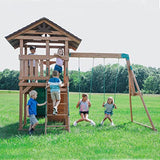 Backyard Discovery Lightning Ridge All Cedar Wooden Swing Set, Raised Clubhouse, 2 Belt Swings, 10 Inch Wave Slide, Ladder, Climbing Rock Wall Brown Backyard Discovery
