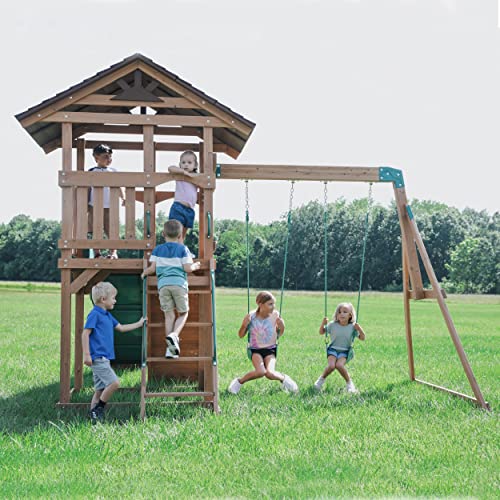 Backyard Discovery Lightning Ridge All Cedar Wooden Swing Set, Raised Clubhouse, 2 Belt Swings, 10 Inch Wave Slide, Ladder, Climbing Rock Wall Brown - WoodArtSupply