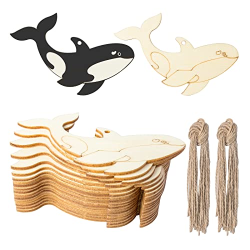 Whale Shaped Wood Fish Wooden Cutout Blank Slices Wooden Gift Tags with Twines Art Ornaments for Beach & Nautical Decor Christmas Holiday Wedding - WoodArtSupply