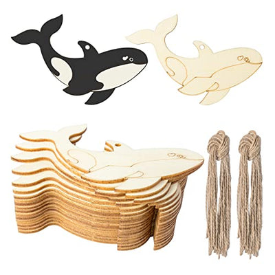 Whale Shaped Wood Fish Wooden Cutout Blank Slices Wooden Gift Tags with Twines Art Ornaments for Beach & Nautical Decor Christmas Holiday Wedding