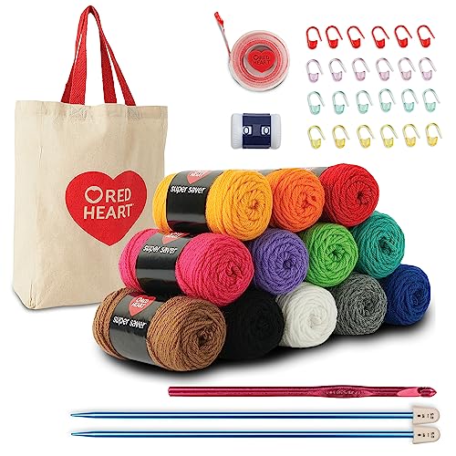 Red Heart Super Saver Soft Acrylic Yarn Beginners Stitchers Kit, with 12 Pack of 50g/1.7 oz. 4 Medium Worsted Yarn and Accessories for Knitting & Red Heart