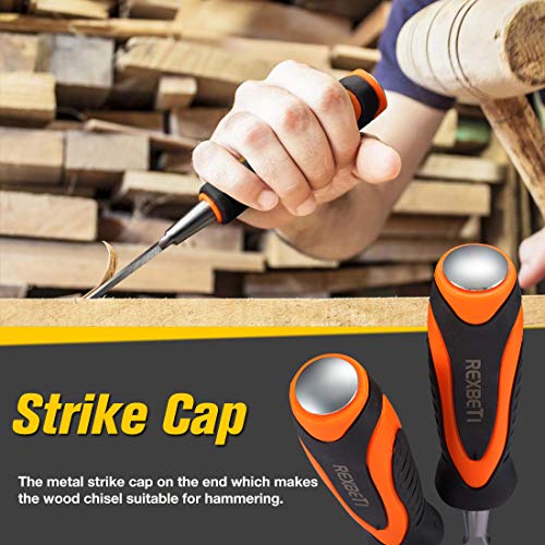 REXBETI 10pcs Premium Wood Chisel Set, 6pcs Wood Chisel with 1 Honing Guide, 1 Sharpening Stone and 2 Carpenter Pencils, Heat-Treated Cr-V Alloy REXBETI