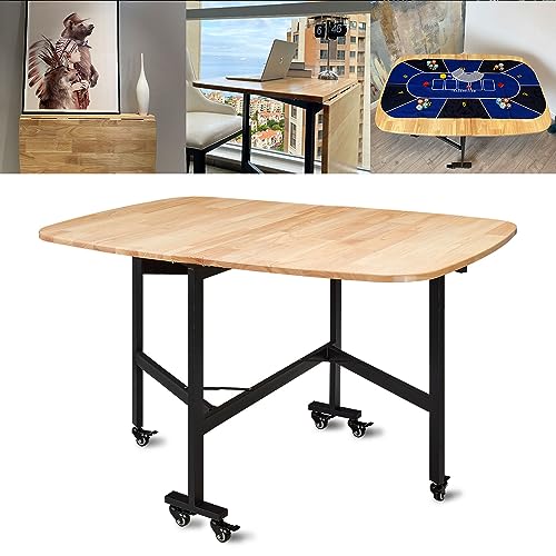 Rukulin Multifunction Table Drop Leaf Dining Table - 47" Solid Wooden Foldable Kitchen Table with 6 Wheels (Natural) Rukulin