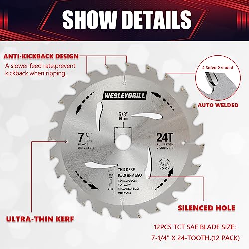 wesleydrill 12 Packs Circular Saw Blade Set, 7-1/4" x 24-Tooth, Carbon Steel, 5/8 Inch Arbor, DIY Cutting for Wood, Laminate, Wood Composites, wesleydrill