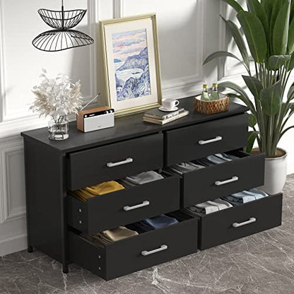 IKENO 6 Drawer Double Dresser, Industrial Wood Dresser for Bedroom, Storage Cabinet with Sturdy Steel Frame - WoodArtSupply