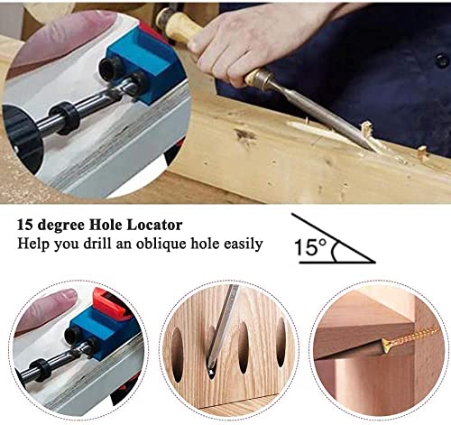 Pocket Hole Jig, 15 Degree Dowel Drill Joinery Kit, 6/8/10mm Drive Adapter for Woodworking Angle Drilling Holes, Carpenters Wood Woodwork Guides EBTOOLS
