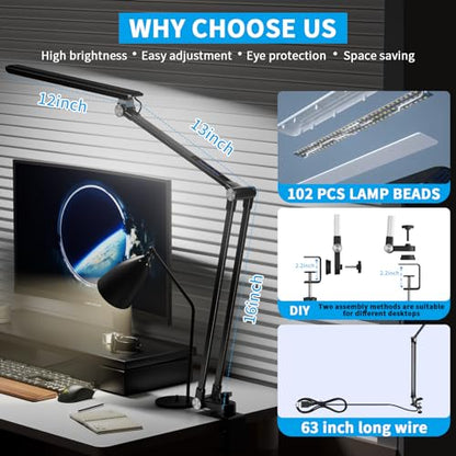 Space Saving LED Desk Lamps, Touch Adjustment 10 Color Temperatures &10 Brightness Eye-Caring Modes, Swing Arm Desk Light with Clamp,Lamp for Home - WoodArtSupply