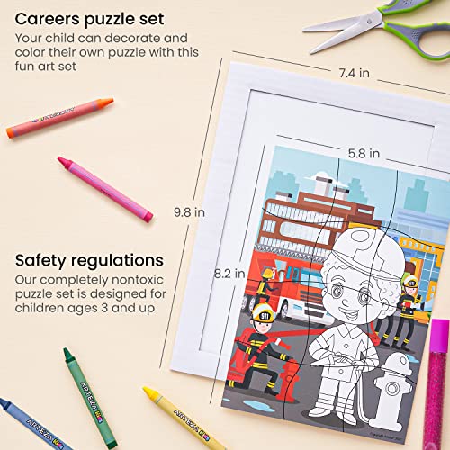 Arteza Kids Coloring Puzzle Kit, 5 Careers Jigsaw Puzzles, 16 Crayons, 6 Tubes of Glitter Glue, 5 Frames, DIY and Screen-Free Kids’ Activities, Craft Arteza Kids