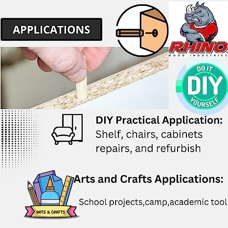 500 Pack 1/4" x 1 1/2" Wooden Dowel Pins Wood Kiln Dried Fluted and Beveled, Made of Hardwood Rhino Wood Industries