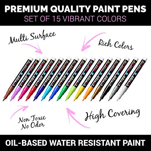 Fine Tip Paint pens for Rock Painting - Wood, Glass, Metal and Ceramic Works on Almost All Surfaces Set of 15 Vibrant oil based fine point paint ARTIQO