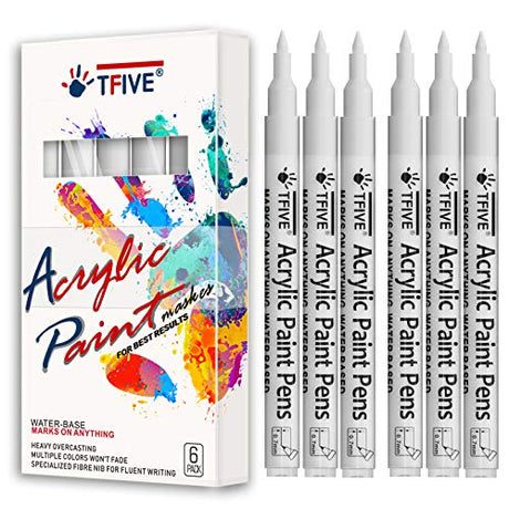 White Marker Paint Pens - 6 Pack Acrylic White Permanent Marker, 0.7mm Extra Fine Tip Paint Pen for Art projects, Drawing, Rock Painting, Stone, TFIVE