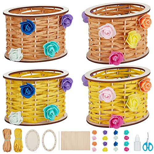 WEBEEDY 4 Pcs Basket Weaving Kits Woden Rattan Basket Making Kit Basket Weaving Supplies for Adults Raffia Crafts Projects