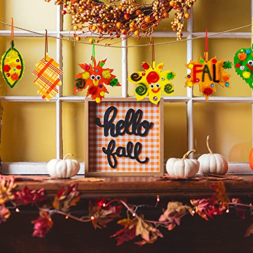 Winlyn 36 Sets Hanging Fall Leaves Wooden Ornaments Craft Kits Paintable Unfinished Wood Maple Oak Leaf Cutouts Pom-Poms Googly Eyes for Kids