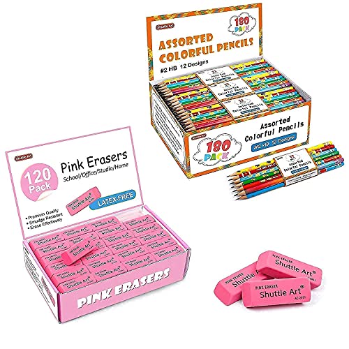 Shuttle Art Pencils and Erasers Bundle, Set of 180 Pack Assorted Colorful Pencils + 120 Pack Pink Erasers Bulk Shuttle Art