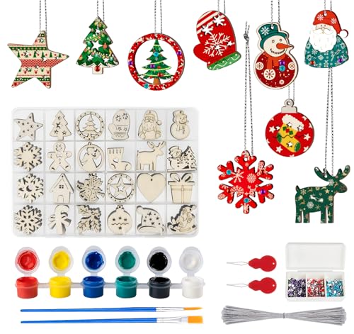 ilauke 96 Pcs Unfinished Wood Ornaments, 1.2" Mini Wooden Christmas Ornaments, 24 Style of Wood Christmas Shape Decoration to Paint, for Craft DIY - WoodArtSupply