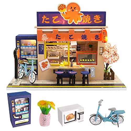 WYD Star Octopus Burning Japanese Style Takoyaki Shop Mini Doll House Kit Assembled LED Light Model Wind and Gift with Dust Cover and Music