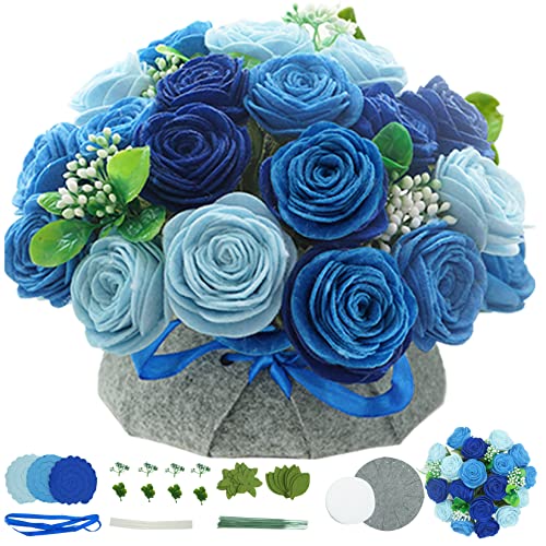 BAZIMA DIY Felt Flower Art Craft Kit, DIY Felt Blue Rose Pot Bonsai Kit, Floral Gifts,Beginner Craft Kit,Arrange Pre-Cut Felt Flowers and Foliage BAZIMA ALICE