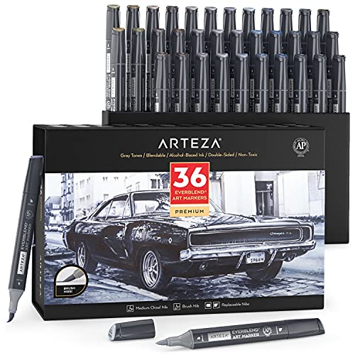 ARTEZA Alcohol Brush Markers, Set of 36 EverBlend Grayscale Dual Tip Markers with Organizer Box, Medium Chisel and Brush Nib, for Drawing and - WoodArtSupply