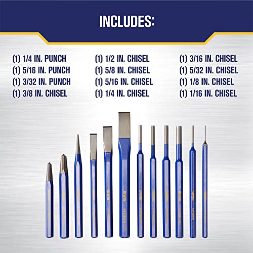 IRWIN Chisel Set, Chisel and Punch, 12-Pack with Various Sizes, Tempered for Durability, Great for Woodworking (IRHT82529)