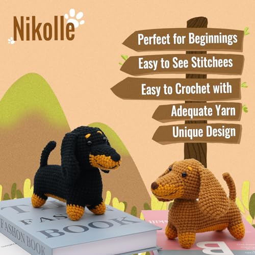 Nikolle Crochet Kit for Beginners with Step-by-Step Video Tutorials Crochet Animal Kit Crochet Starter Kits for Adults Kids - Dachshund(Brown) Nikolle