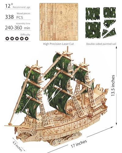 Challenging Flying Dutchman 3D Wooden Pirate Ship Puzzle Kit for Adults - Perfect Gift for Enthusiasts - WoodArtSupply