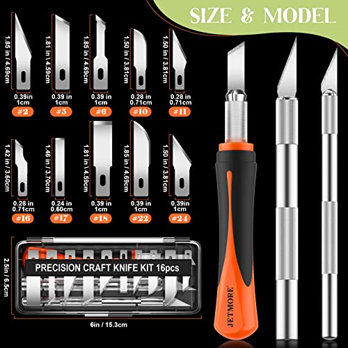 JETMORE 16 Pcs Craft Knife, 3 Pcs Exacto Knife with 13 Pcs SK5 Steel Sharp Blades, Professional Hobby Knife Perfect for Modeling, Carving, Precision Jetmore
