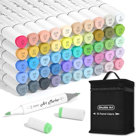 Shuttle Art Pastel Alcohol Markers Brush tip, Dual Tip Brush & Fine Tip Art Marker Set, 50 Colors plus 1 Blender Marker Pens with Case Perfect for Shuttle Art