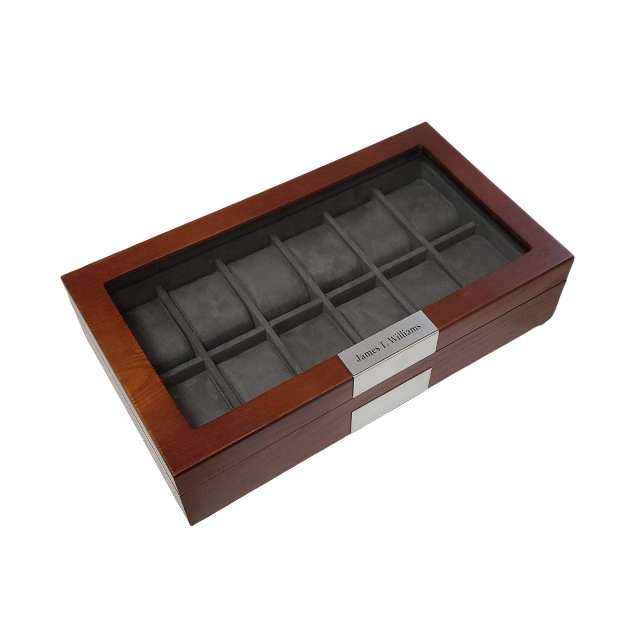 TIMELYBUYS Personalized 12 Cherry Wood Watch Box Display Case Storage Jewelry Organizer with Glass Top, Stainless Steel Accents, and Oversized Deluxe - WoodArtSupply