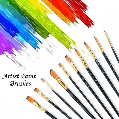 MAYYAYA 12 Pieces Crafts Artist Paint Brushes Set - Nylon Bristles with Round, Filbert, Flat, Fan, Angle, Fine Detail Brush for Artists and