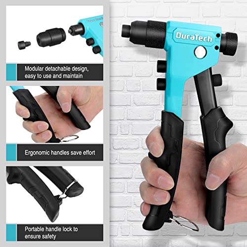 DURATECH 4-in-1 Rivet Gun, Pop Rivet Tool Kit with 100 Rivets - 3/32", 1/8", 5/32", 3/16", Heavy Duty Hand Riveter with 4 Interchangeable Nosepieces DURATECH