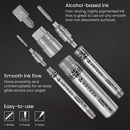 ARTEZA Mirror Chrome Marker Set – 3 Pack, 2.9mm, 5mm & 15mm Nibs, Hi-Gloss Silver Metallic Pens for Eye-Catching Art on Various Surfaces – ARTEZA