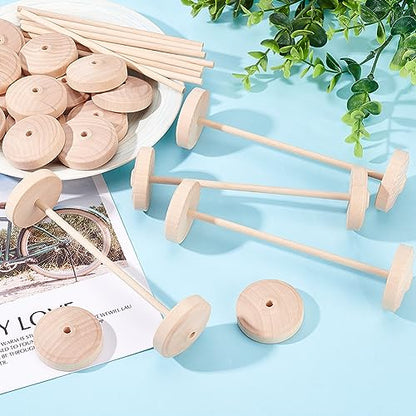 OLYCRAFT 12 Sets 1.8x0.5 Inch Wooden Craft Wheels with 5.9 Inch/150mm Wooden Sticks Wood Vehicle Wheels Unfinshed Wooden Wheel Small Flat Round