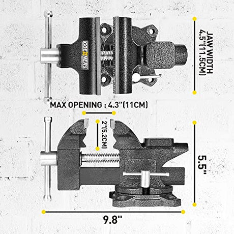 Bench Vise, 4-1/2" Vice for Workbench, Utility Combination Pipe Home Vise with Heavy Duty Forged Steel Construction, Swivel Base Table Vise for Kitvance