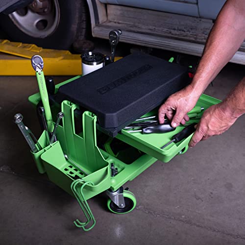 OEMTOOLS 24987 Sidekick Creeper Stool, Metal Shop Stools with Wheels, 5 Storage Seat Options, Cushioned Mechanics Stool with Wheels, Green Creeper OEMTOOLS